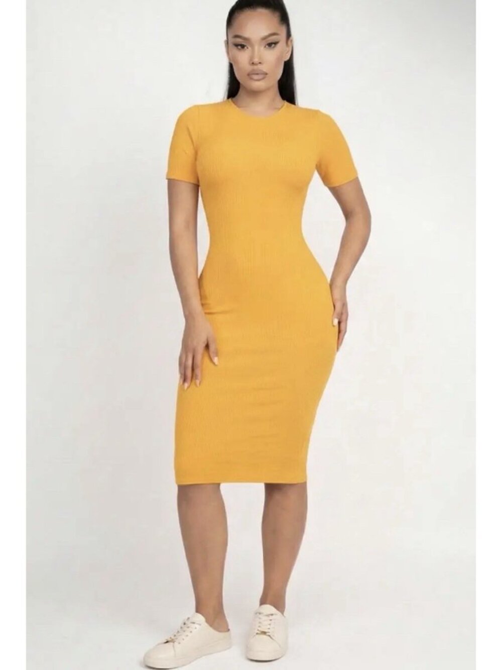 3/$30 Capella Dress Womens Size Large Gold Ribbed Stretch Bodycon Fitted New